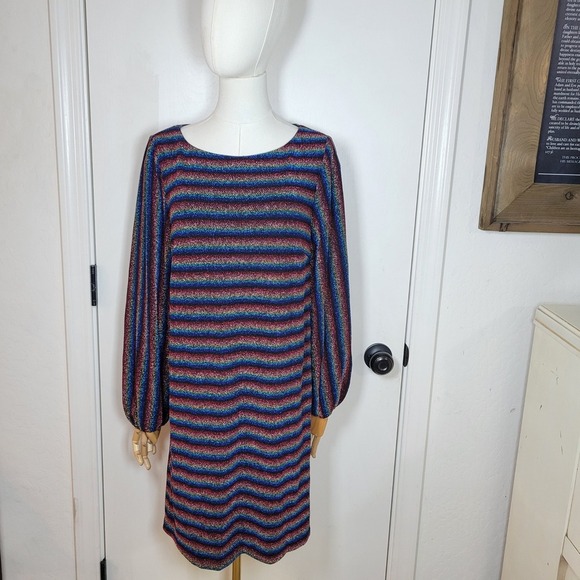 Anthropologie Eri + Ali Shimmer Stripe Long Sleeve Dress M Metallic Holiday - Picture 1 of 10
